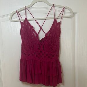 Magenta Lace V-Neck Ruffle Cami with Crisscross Straps
